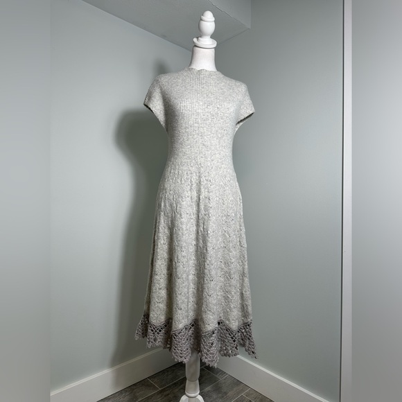 Anthropologie Feather Bone Oda  Crochet Wool Alpaca Blend  Sweater Gray  Dress M - Picture 3 of 17